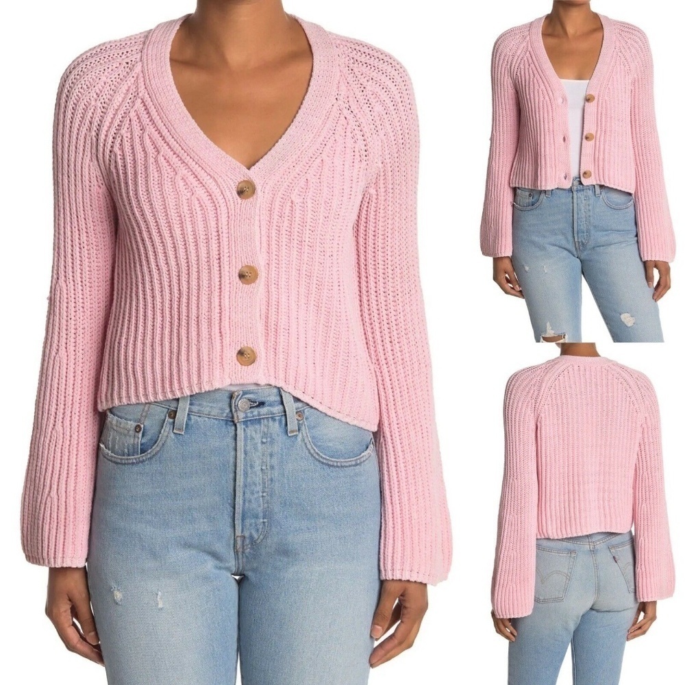 CURRENT AIR V-Neck Rib Knit Crop Cardigan Pink M